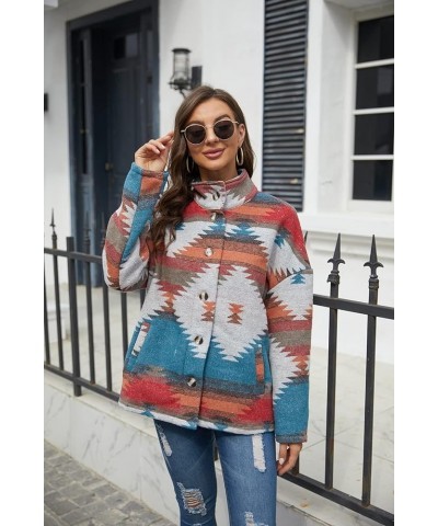 Womens Aztec Shacket Jacket Loose Vintage Boho Wool Blend Coat Button Down Shirt Tops 1-blue $23.52 Coats