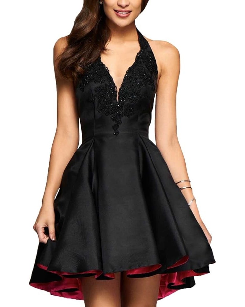 Lace Appliques Short Homecoming Dress for Teens with Pockets Halter Satin Prom Dresses Black $31.85 Dresses