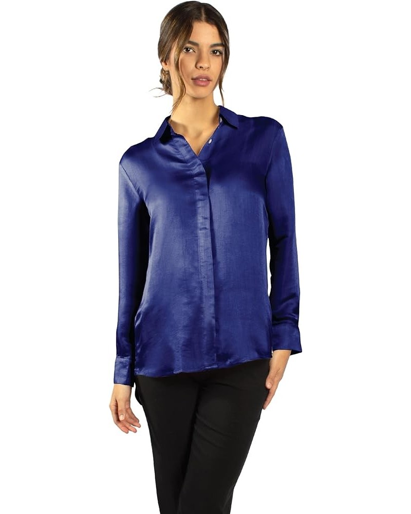 Luxury Artisan Silk Shirts for Women, Silk Button Down Shirts, Silk Blouse Deep Blue $59.45 Blouses