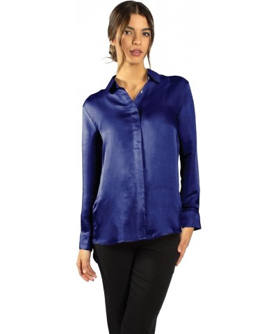 Luxury Artisan Silk Shirts for Women, Silk Button Down Shirts, Silk Blouse Deep Blue $59.45 Blouses