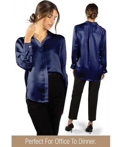 Luxury Artisan Silk Shirts for Women, Silk Button Down Shirts, Silk Blouse Deep Blue $59.45 Blouses