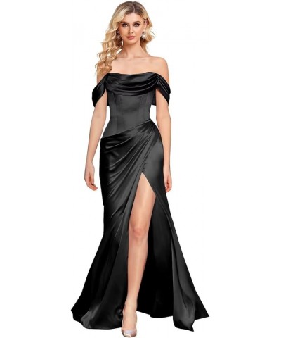 Off The Shoulder Mermaid Prom Dresses for Women Satin Silk Ruched Wrap Formal Evening Gowns with Slit Black $45.36 Dresses