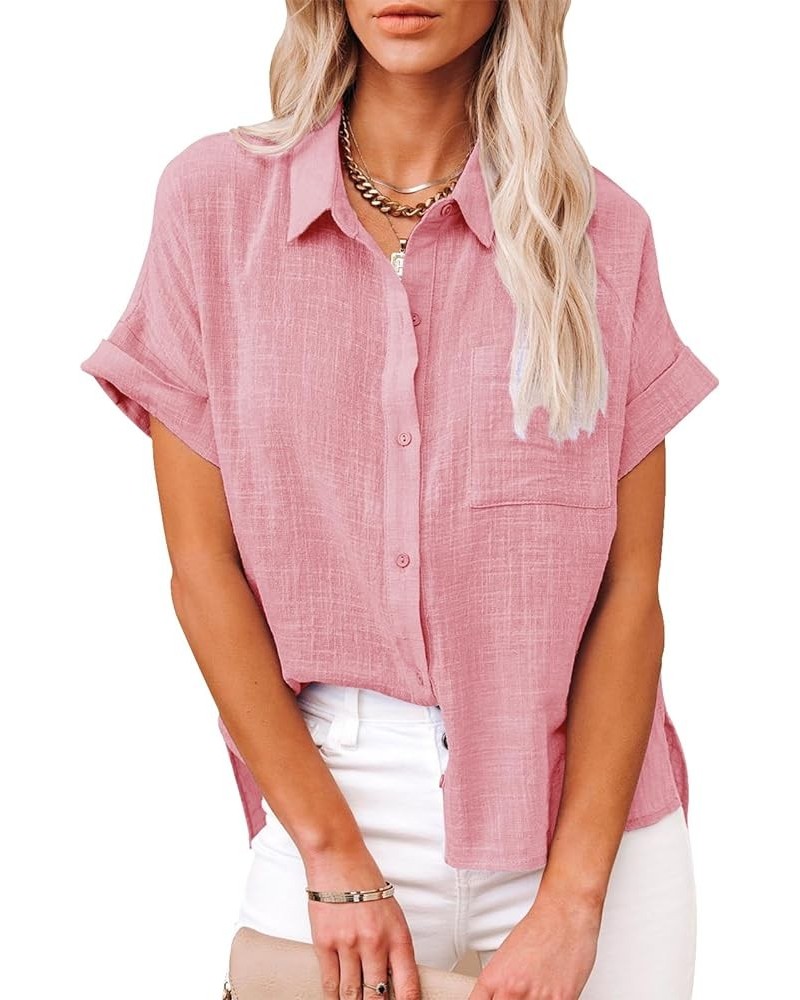 Womens Button Down Shirts Linen Cotton Short Sleeve Blouses V Neck Collared Shirts Summer Beach Cotton Tops Tunics B_rose Pin...