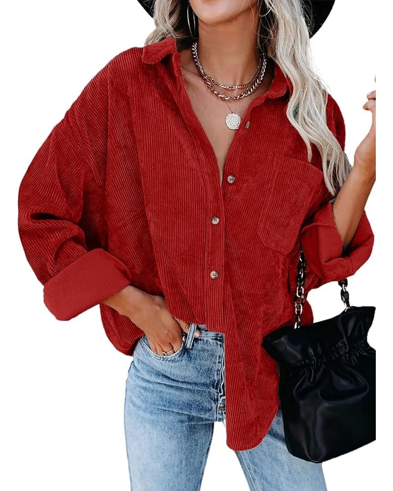 Women Corduroy Shirts Casual Long Sleeve Button Down Blouses Top U Bright Red $19.60 Blouses