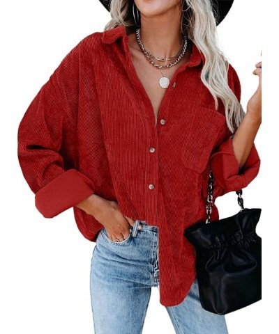 Women Corduroy Shirts Casual Long Sleeve Button Down Blouses Top U Bright Red $19.60 Blouses