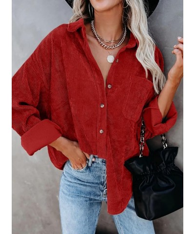 Women Corduroy Shirts Casual Long Sleeve Button Down Blouses Top U Bright Red $19.60 Blouses