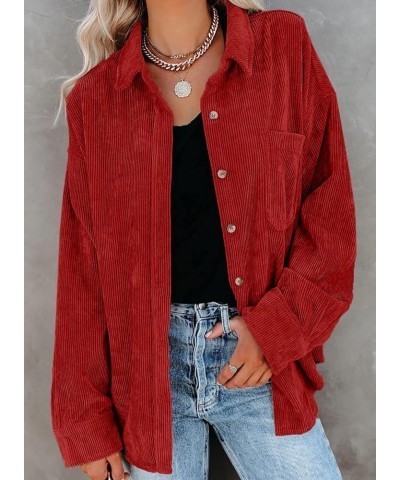 Women Corduroy Shirts Casual Long Sleeve Button Down Blouses Top U Bright Red $19.60 Blouses