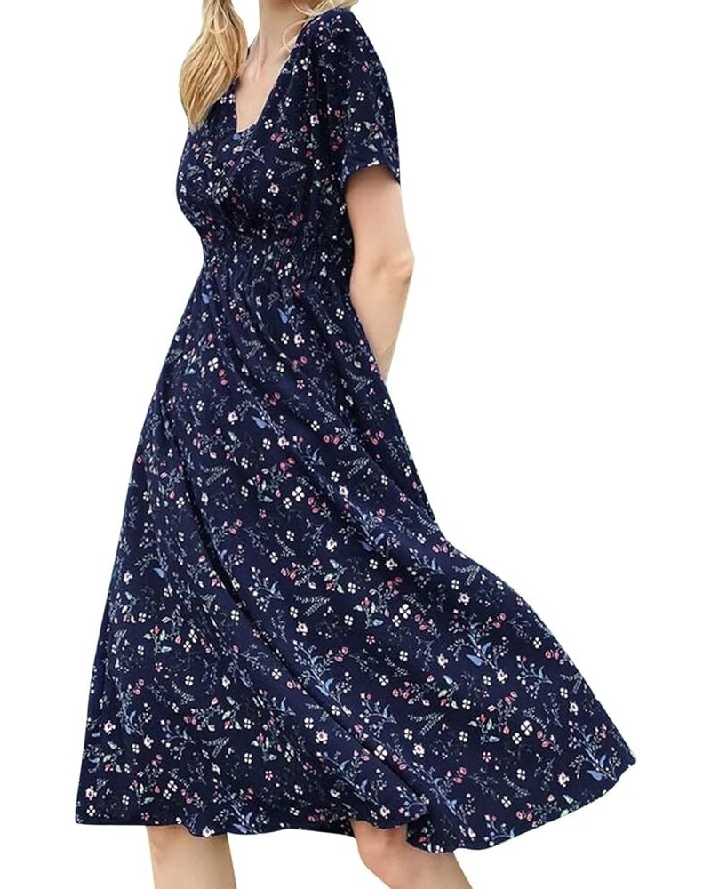 Women's Floral Wrap V-Neck Midi Dress Short Sleeve Boho Summer Beach Long Dress Flowy Hem Belted Dresses for Women 008-dark B...