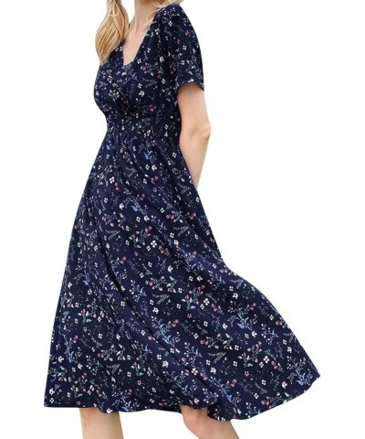 Women's Floral Wrap V-Neck Midi Dress Short Sleeve Boho Summer Beach Long Dress Flowy Hem Belted Dresses for Women 008-dark B...