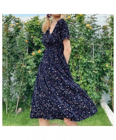 Women's Floral Wrap V-Neck Midi Dress Short Sleeve Boho Summer Beach Long Dress Flowy Hem Belted Dresses for Women 008-dark B...