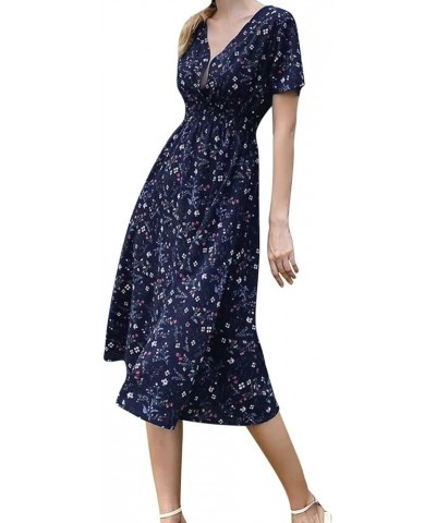 Women's Floral Wrap V-Neck Midi Dress Short Sleeve Boho Summer Beach Long Dress Flowy Hem Belted Dresses for Women 008-dark B...