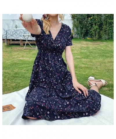 Women's Floral Wrap V-Neck Midi Dress Short Sleeve Boho Summer Beach Long Dress Flowy Hem Belted Dresses for Women 008-dark B...