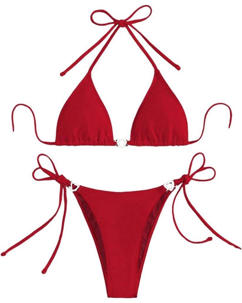 Women's Sexy Bikini Sets Ring Triangle Tie Bathing Suits 2 Piece Swimsuits Red Solid $10.78 Swimsuits