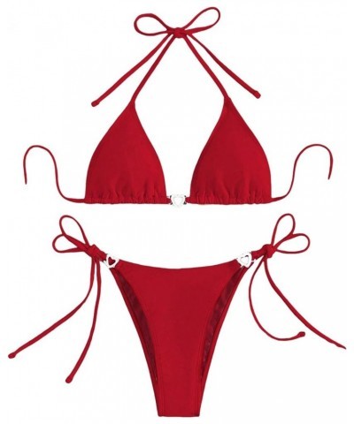 Women's Sexy Bikini Sets Ring Triangle Tie Bathing Suits 2 Piece Swimsuits Red Solid $10.78 Swimsuits