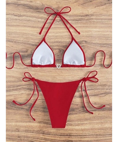 Women's Sexy Bikini Sets Ring Triangle Tie Bathing Suits 2 Piece Swimsuits Red Solid $10.78 Swimsuits