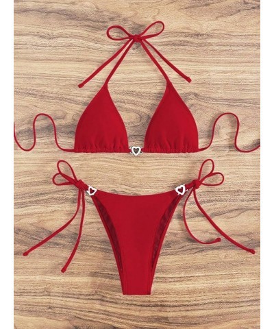 Women's Sexy Bikini Sets Ring Triangle Tie Bathing Suits 2 Piece Swimsuits Red Solid $10.78 Swimsuits