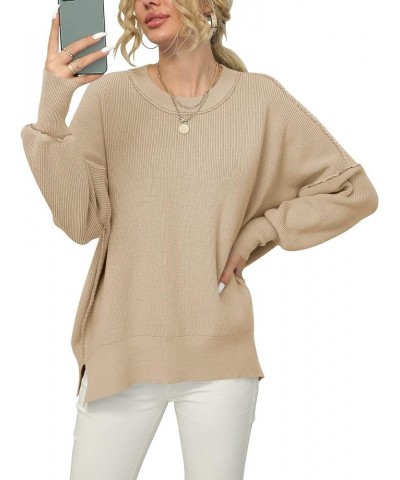 Women Crewneck Batwing Sleeve 2023 Fall Oversized Side Slit Ribbed Knit Pullover Sweater Top Khaki $25.49 Sweaters