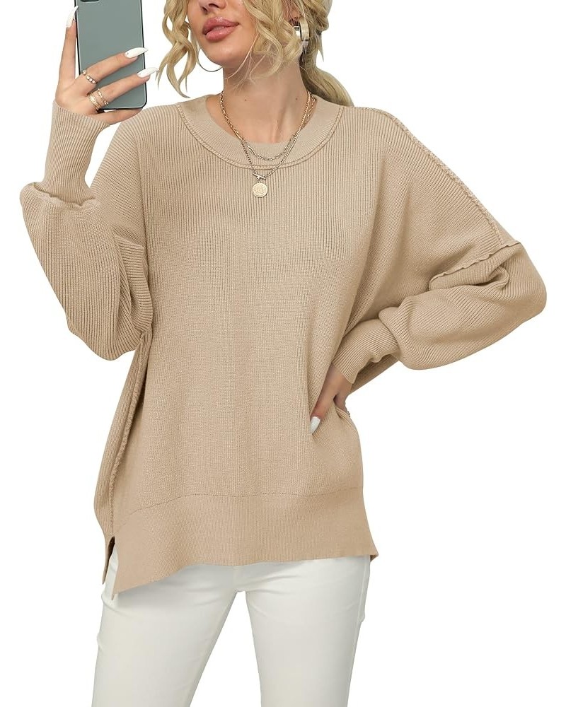 Women Crewneck Batwing Sleeve 2023 Fall Oversized Side Slit Ribbed Knit Pullover Sweater Top Khaki $25.49 Sweaters