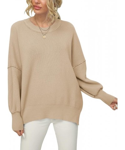 Women Crewneck Batwing Sleeve 2023 Fall Oversized Side Slit Ribbed Knit Pullover Sweater Top Khaki $25.49 Sweaters