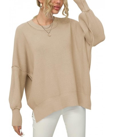 Women Crewneck Batwing Sleeve 2023 Fall Oversized Side Slit Ribbed Knit Pullover Sweater Top Khaki $25.49 Sweaters