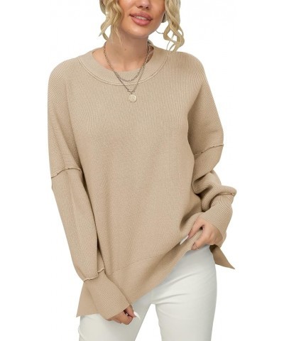 Women Crewneck Batwing Sleeve 2023 Fall Oversized Side Slit Ribbed Knit Pullover Sweater Top Khaki $25.49 Sweaters