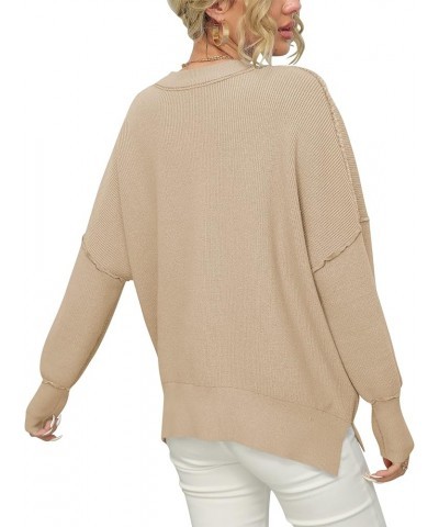 Women Crewneck Batwing Sleeve 2023 Fall Oversized Side Slit Ribbed Knit Pullover Sweater Top Khaki $25.49 Sweaters