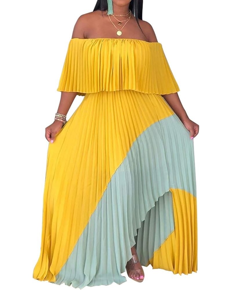 Womens Sexy Chiffon Sundress Off Shoulder Ombre Tie Dye Pleated Skirts Long Boho Beach Maxi Dress Yellow+light Blue $18.90 Dr...