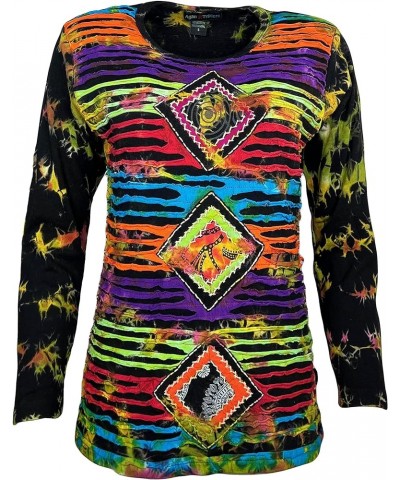 Women's Bohemian Tie dye Knit Jersey Patch Razor Cut Embroidered Long Sleeve Sweatshirts Top Blouse Black Td $23.97 Blouses