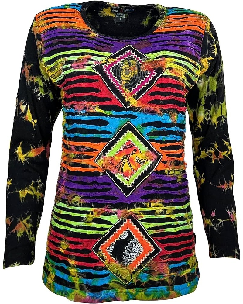 Women's Bohemian Tie dye Knit Jersey Patch Razor Cut Embroidered Long Sleeve Sweatshirts Top Blouse Black Td $23.97 Blouses