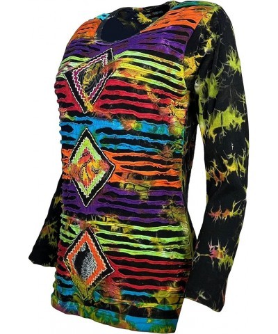 Women's Bohemian Tie dye Knit Jersey Patch Razor Cut Embroidered Long Sleeve Sweatshirts Top Blouse Black Td $23.97 Blouses