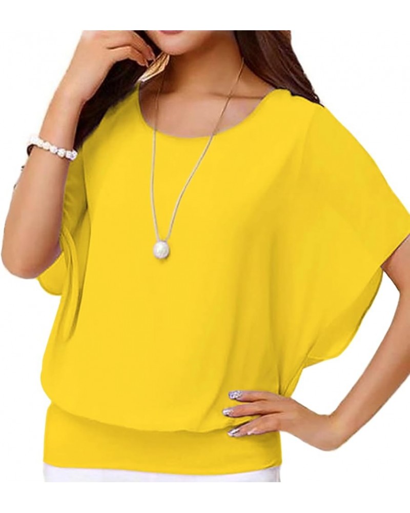 Women's Summer Loose Casual Short Sleeve Chiffon Top T-Shirt Blouse Bright Yellow $8.50 Blouses