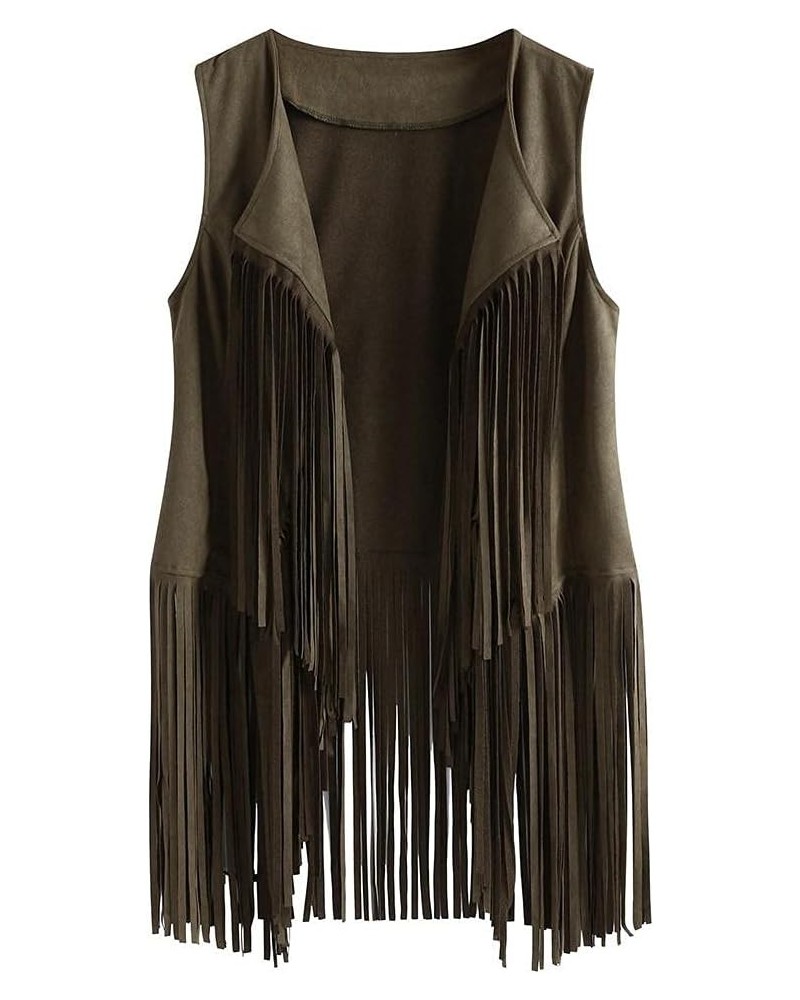 Women Faux Suede Fringe Vest 70s Hippie Clothes Open-Front Sleeveless Tassel Cardigan Waistcoat Jacket Outwear Tops Green $9....