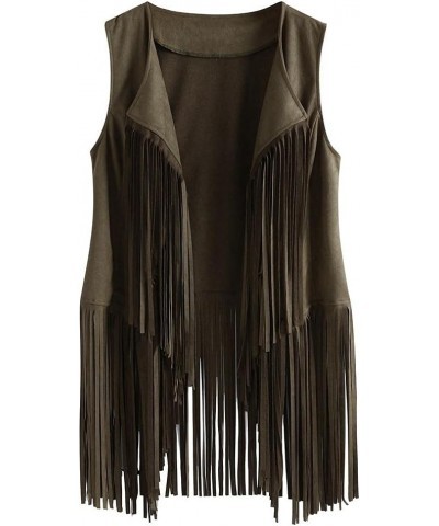 Women Faux Suede Fringe Vest 70s Hippie Clothes Open-Front Sleeveless Tassel Cardigan Waistcoat Jacket Outwear Tops Green $9....