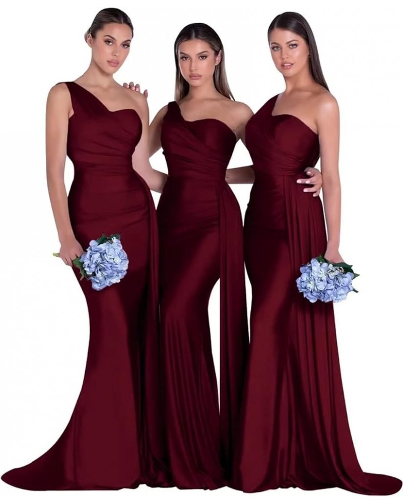 One Shoulder Mermaid Bridesmaid Dresses Long Ruched Bodycon Satin Formal Prom Gowns with Slit Wine $35.63 Dresses