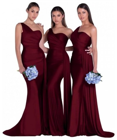 One Shoulder Mermaid Bridesmaid Dresses Long Ruched Bodycon Satin Formal Prom Gowns with Slit Wine $35.63 Dresses