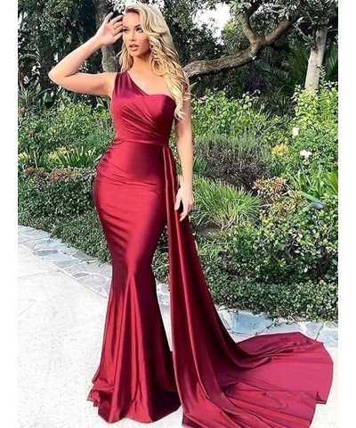 One Shoulder Mermaid Bridesmaid Dresses Long Ruched Bodycon Satin Formal Prom Gowns with Slit Wine $35.63 Dresses