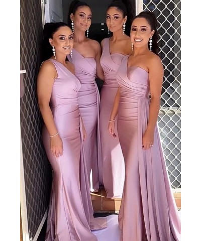 One Shoulder Mermaid Bridesmaid Dresses Long Ruched Bodycon Satin Formal Prom Gowns with Slit Wine $35.63 Dresses