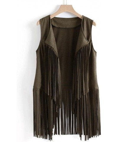 Women Faux Suede Fringe Vest 70s Hippie Clothes Open-Front Sleeveless Tassel Cardigan Waistcoat Jacket Outwear Tops Green $9....