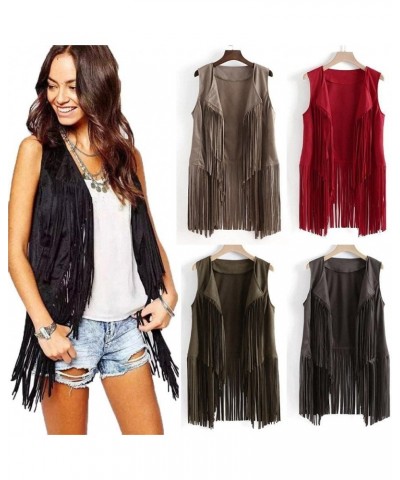 Women Faux Suede Fringe Vest 70s Hippie Clothes Open-Front Sleeveless Tassel Cardigan Waistcoat Jacket Outwear Tops Green $9....