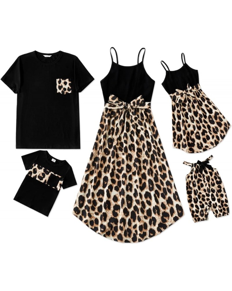 Matching Family Outfits Mommy and Me Spaghetti Strap Casual Sleeveless Dresses and Short-Sleeve T-Shirts Sets Women Leopard-1...