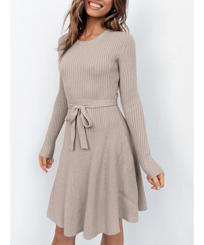 Women's Crewneck Long Sleeve Tie Waist A-Line Swing Bodycon Short Dress Casual Solid Ribbed Knit Sweater Dress Red Apricot $2...