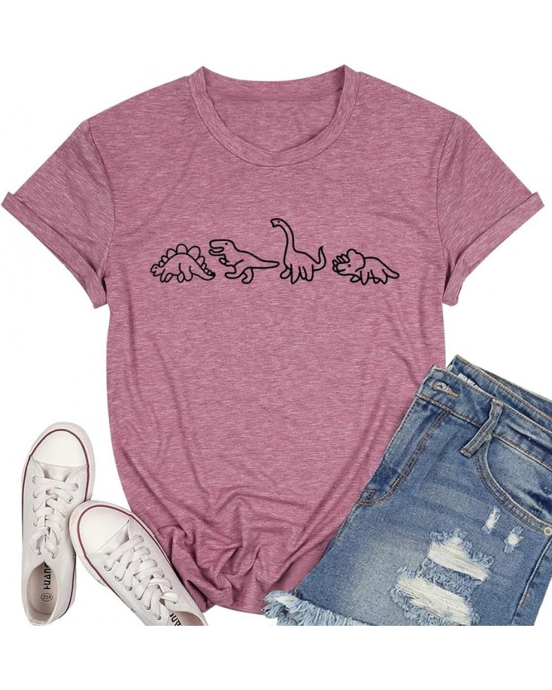 Women Cute Dinosaurs Graphic Tees Girls Short Sleeve Casual Crew Neck Tshirt Tops Pink $13.10 T-Shirts