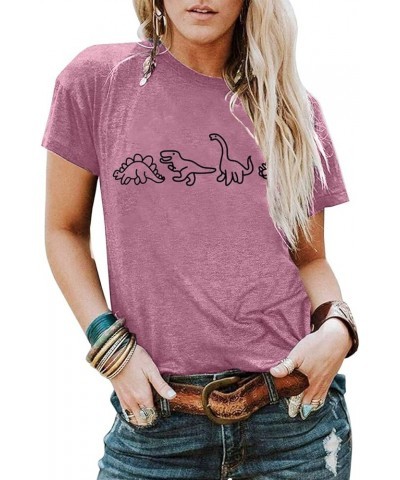 Women Cute Dinosaurs Graphic Tees Girls Short Sleeve Casual Crew Neck Tshirt Tops Pink $13.10 T-Shirts