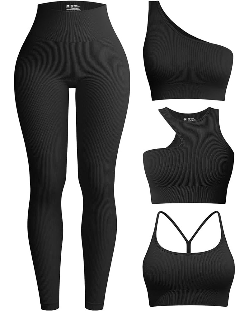 Womens 4 Piece Workout Outfits Ribbed Yoga High Waist Leggings with 3 Piece Crop Tops with Sports Bra Exercise Set Black $26....