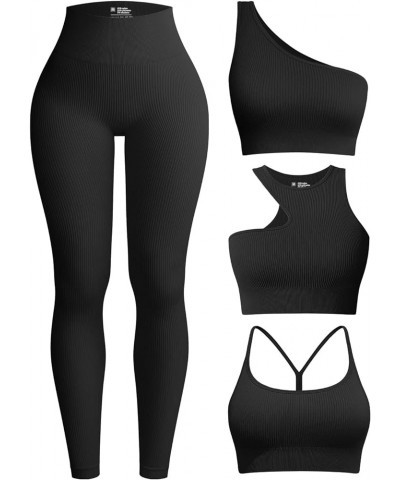 Womens 4 Piece Workout Outfits Ribbed Yoga High Waist Leggings with 3 Piece Crop Tops with Sports Bra Exercise Set Black $26....