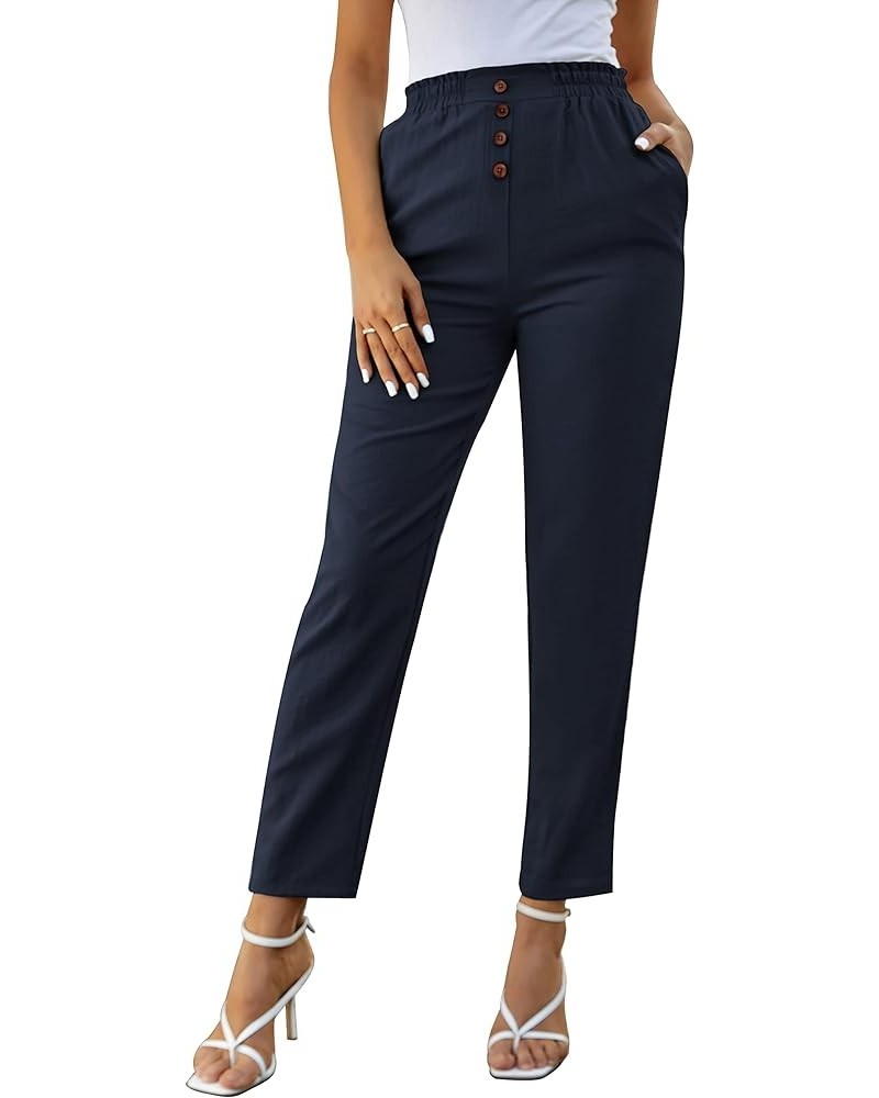 Women's Cropped Paper Bag Waist Pants with Pockets Cl935- Dark Blue $17.23 Pants