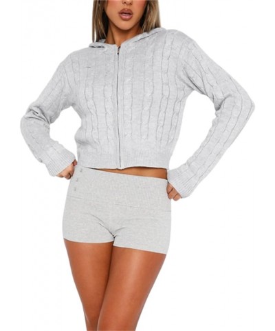 Y2k Women 2 Piece Knitted Outfits Knitted Sweater Top Zipper Jacket Sweatshirt High Waist Pants Set Streetwear Ribbed Grey a ...