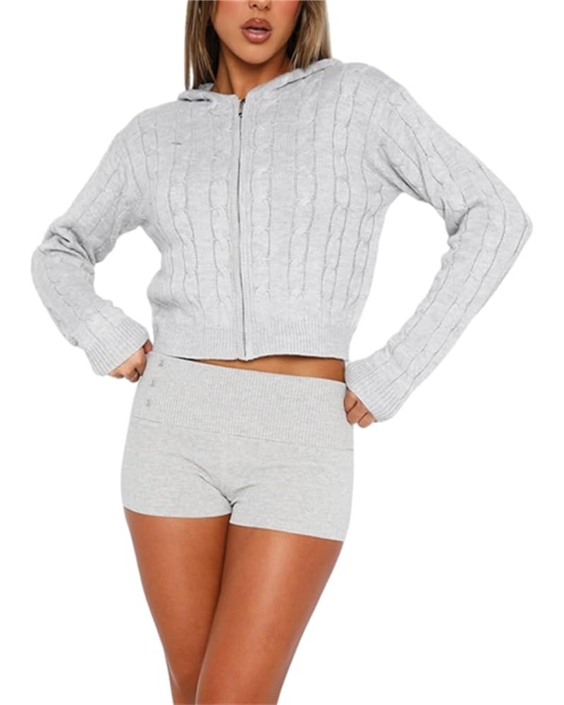 Y2k Women 2 Piece Knitted Outfits Knitted Sweater Top Zipper Jacket Sweatshirt High Waist Pants Set Streetwear Ribbed Grey a ...