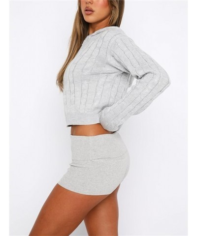 Y2k Women 2 Piece Knitted Outfits Knitted Sweater Top Zipper Jacket Sweatshirt High Waist Pants Set Streetwear Ribbed Grey a ...