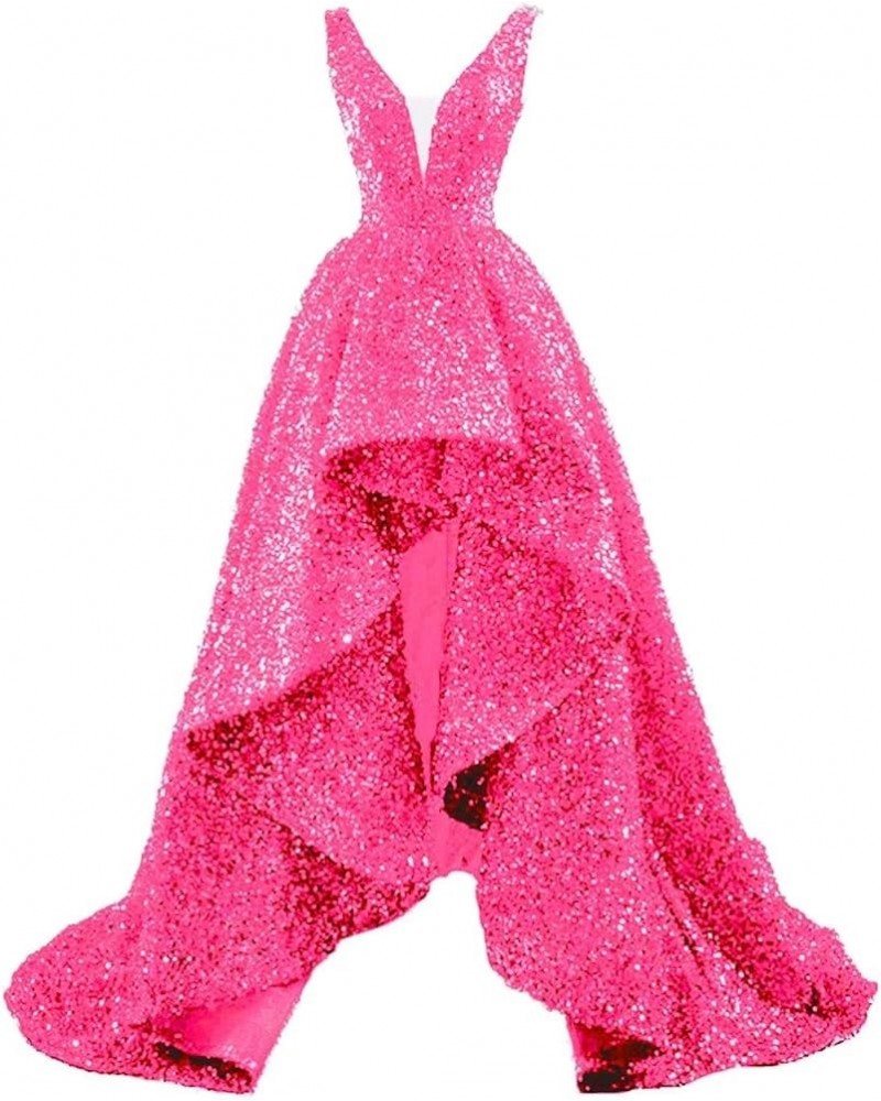 Women's High Low Sequin Prom Dresses V-Neck Sparkly Ball Gown Sleevesless Train for Women Formal Party Gown Hot Pink $34.85 D...